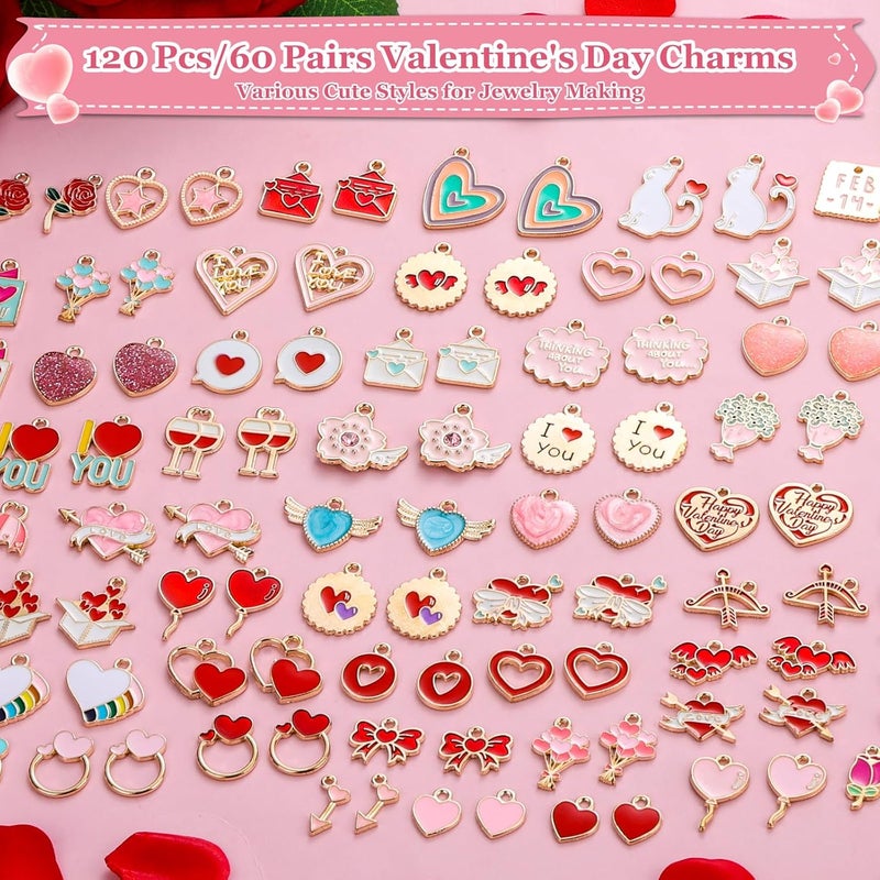 Modacraft 120 Pcs / 60 Pairs Valentine's Day Charms - Gold Enamel Valentine Charms for Jewelry Making, Multiple Romantic Styles Pendant for Making Necklaces, Earrings, Valentine's Day Gifts - Image 2